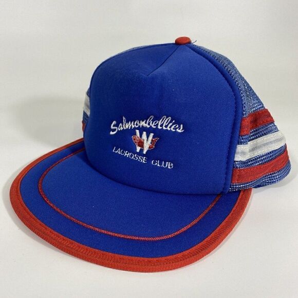 Vintage Snap Back Mesh Trucker Hat Cap Blue Red White 3 Stripes Lacrosse Club - Picture 1 of 10